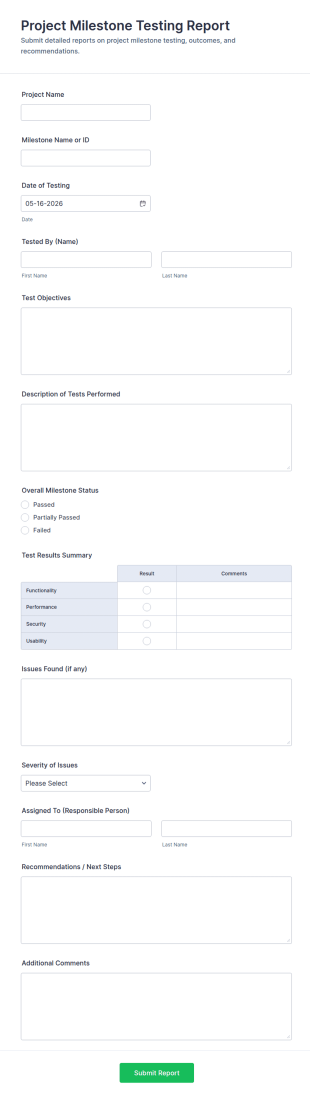 Project Milestone Testing Report Form Template