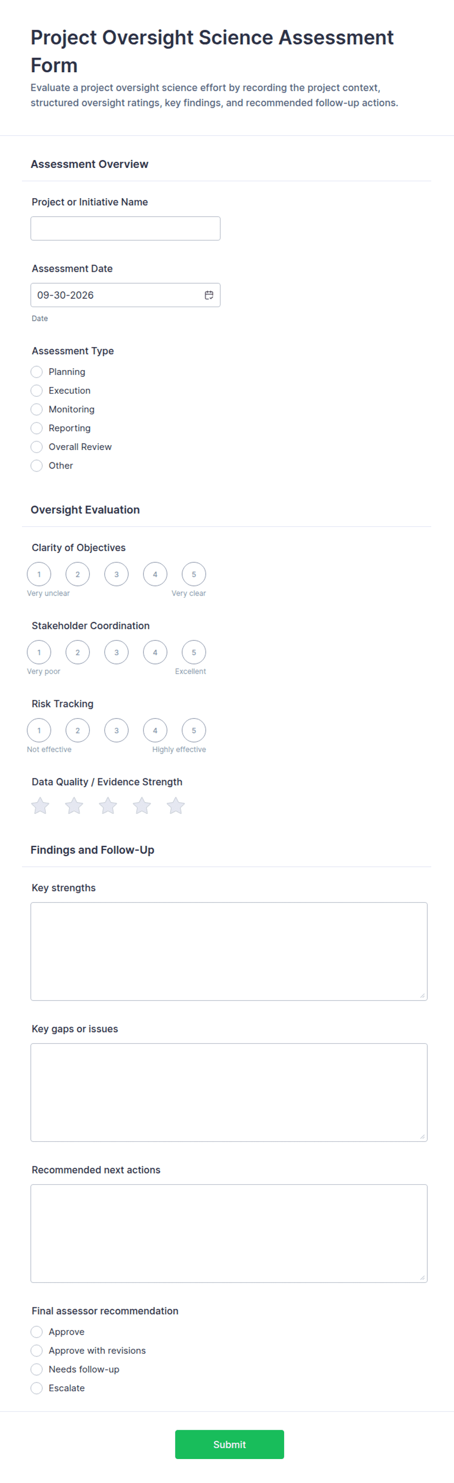 Project Assessment Form Example Project Oversight Science Assessment Form Template | Jotform