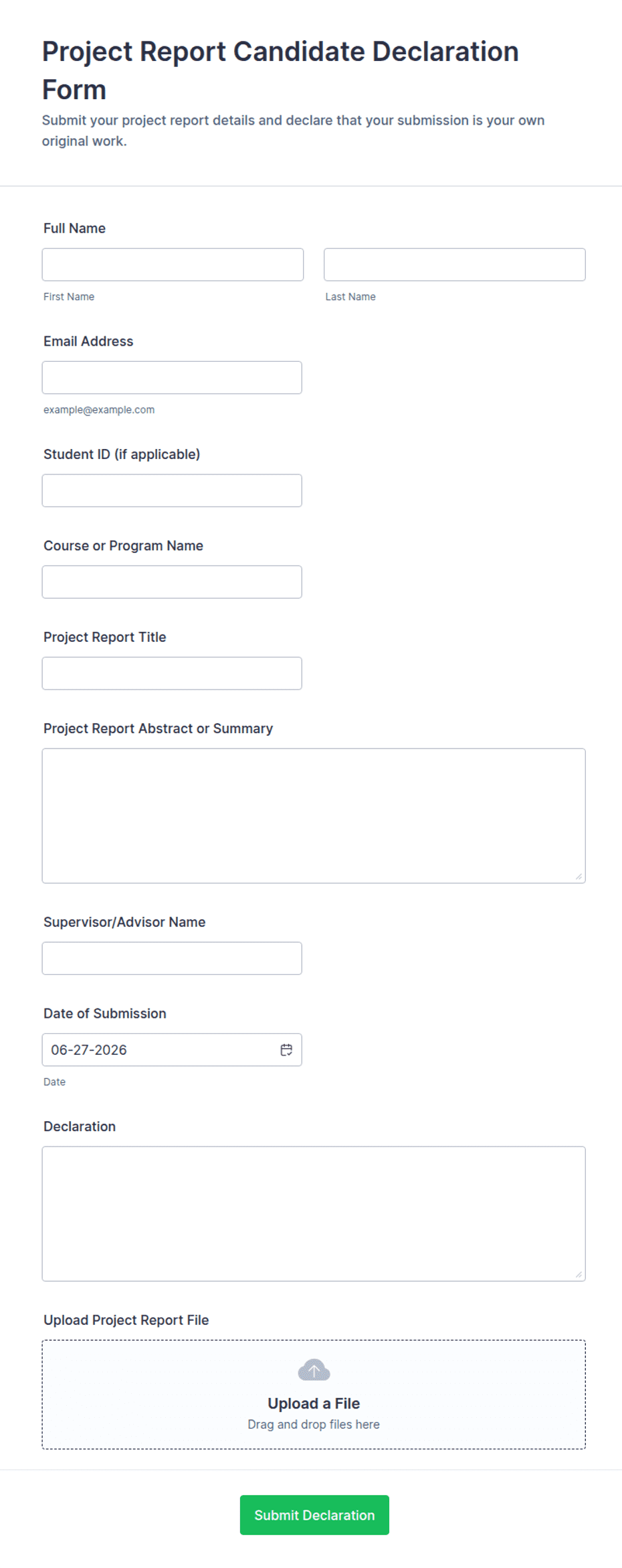 Project Report Candidate Declaration Form Template | Jotform