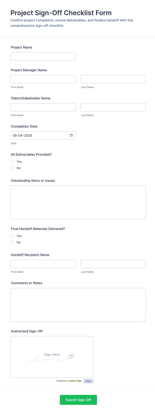 Project Sign Off Checklist Form Template