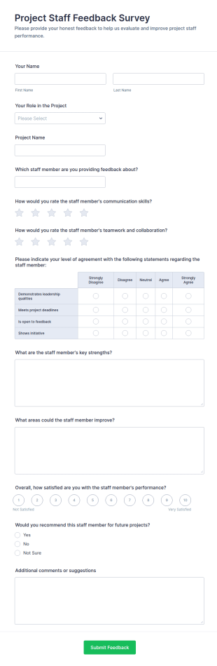 Project Staff Feedback Survey Form Template