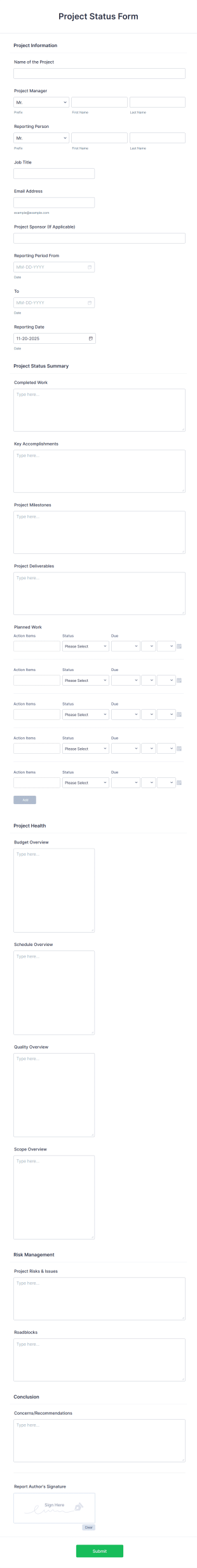 Project Status Form Template