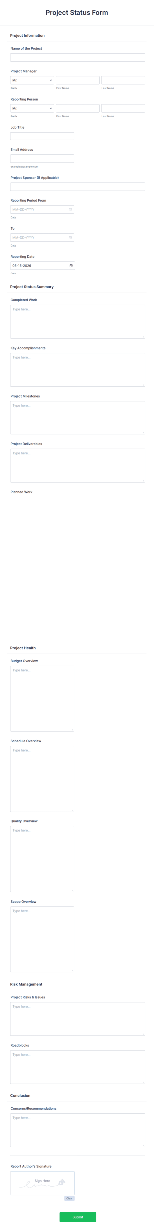 Project Status Form Template