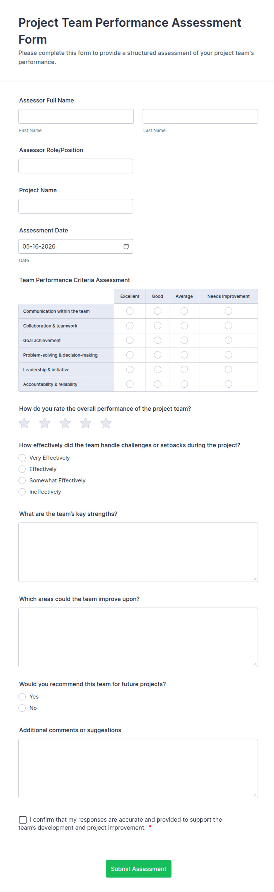 Assessing Project Performance Form Project Team Performance Assessment Form Template | Jotform