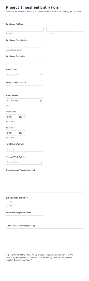 Project Timesheet Entry Form Template