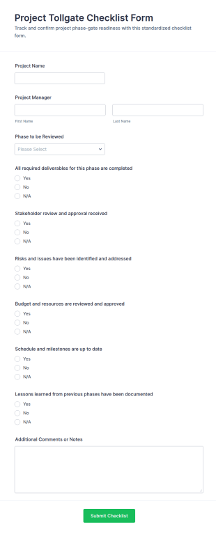 Project Tollgate Checklist Form Template