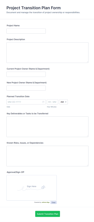 Project Transition Plan Form Template