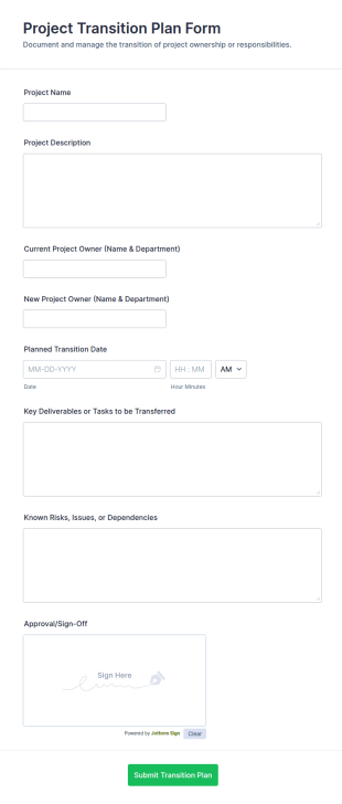 Project Transition Plan Form Template