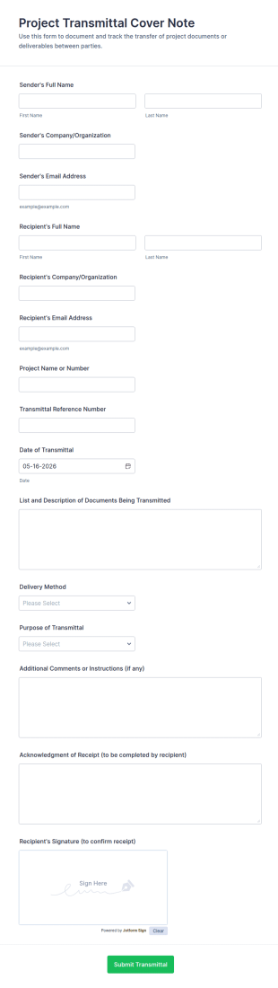 Project Transmittal Cover Note Form Template