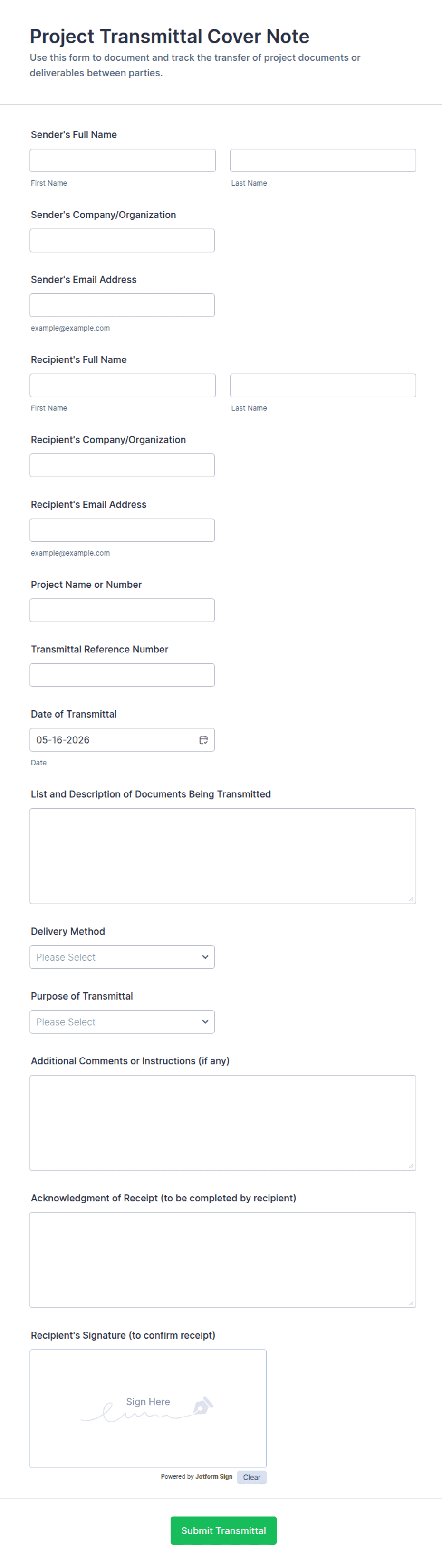 Project Transmittal Cover Note Form Template | Jotform