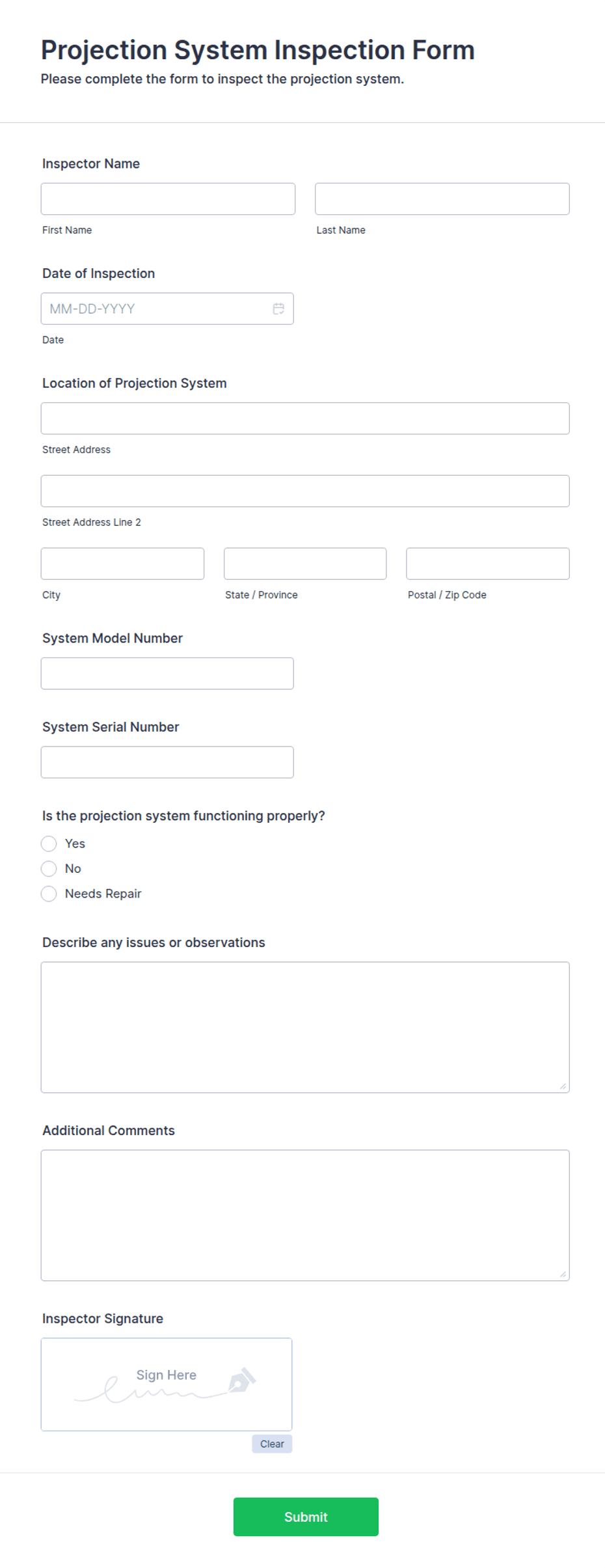 Loading Plot Form Inspection Projection System Inspection Form Template | Jotform
