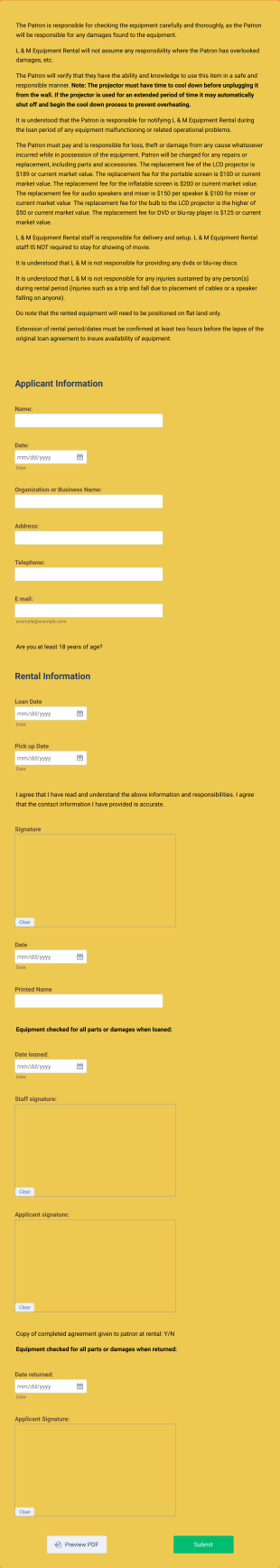 Projector Rental Agreement Form Template