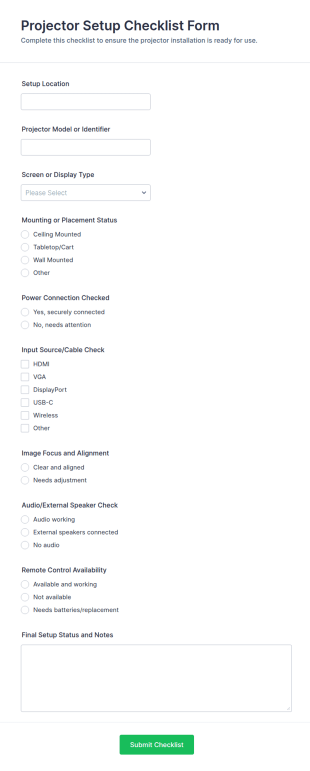 Projector Setup Checklist Form Template