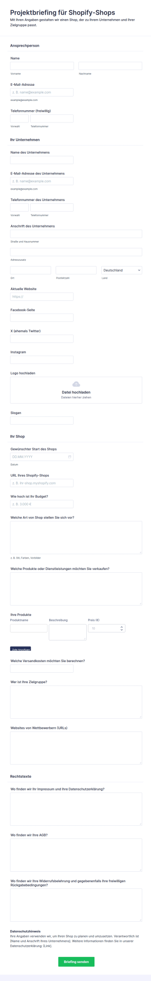 Projektbriefing Für Shopify Shops