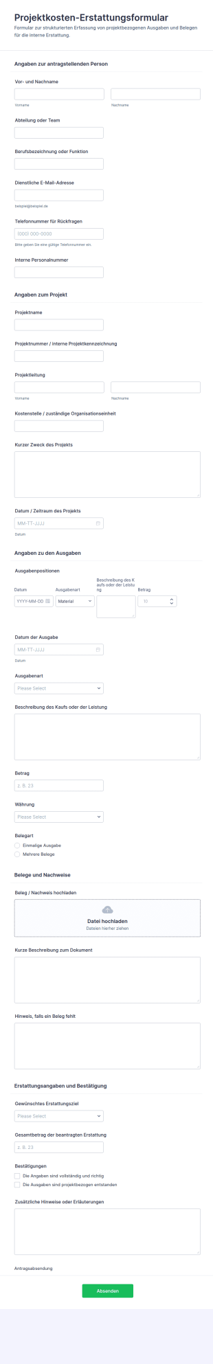 Projektkosten Erstattungsformular