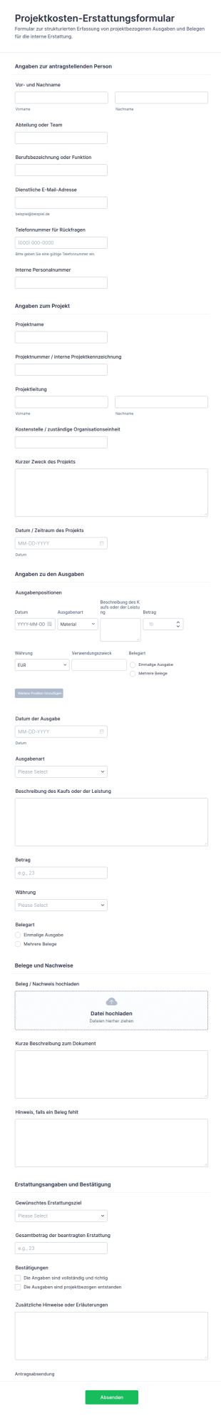 Projektkosten Erstattungsformular