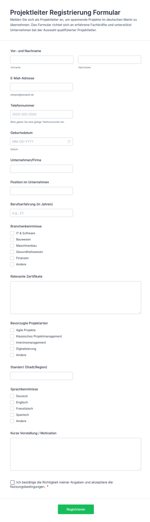 Projektmanager Registrierungsformular