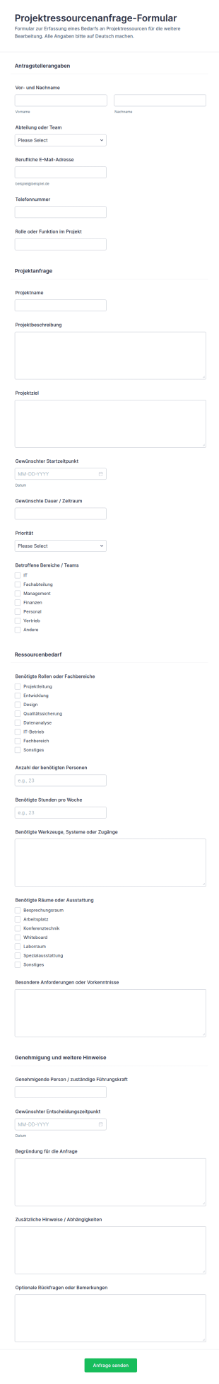 Projektressourcenanfrage Formular