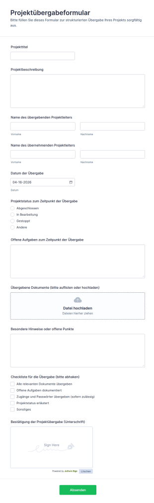 Projektübergabe Formular