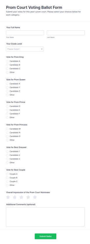 Prom Court Voting Ballot Form Template