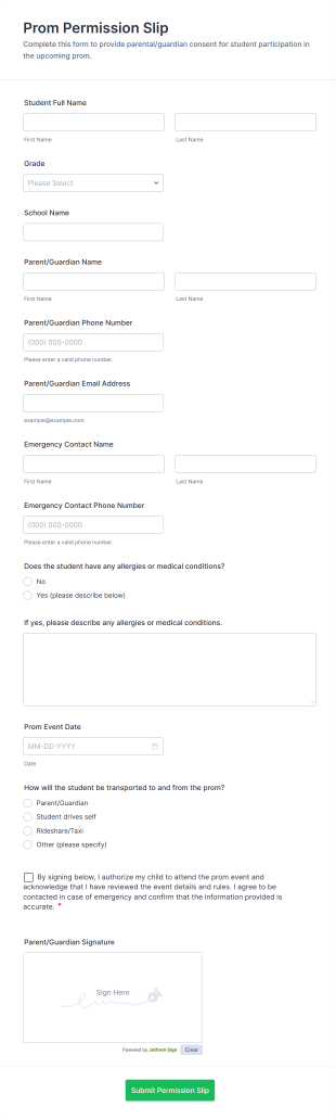 Prom Permission Slip Form Template