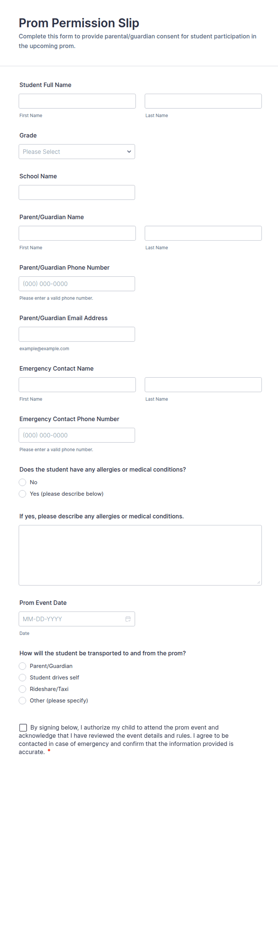 Proms Form Prom Permission Slip Form Template | Jotform
