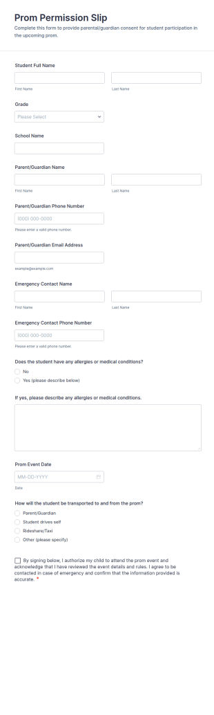 Prom Permission Slip Form Template