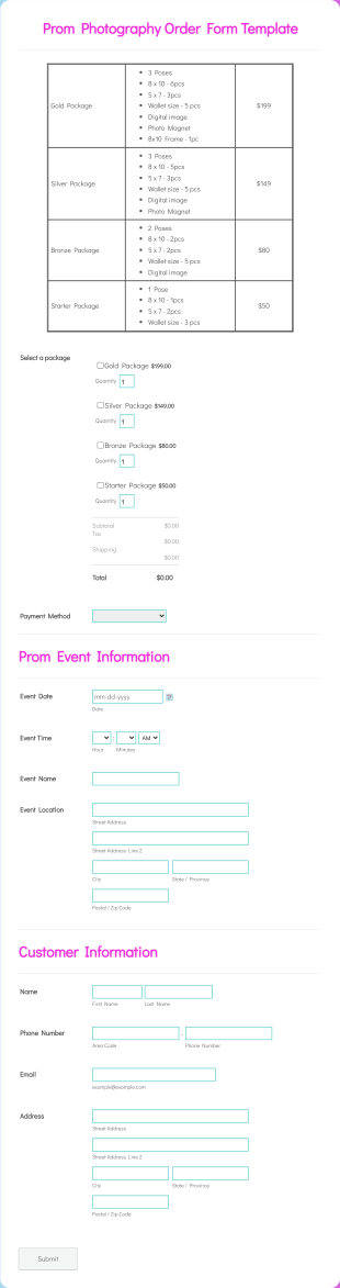 Prom Photography Order Form Template
