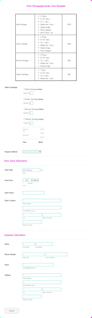 Prom Photography Order Form Template
