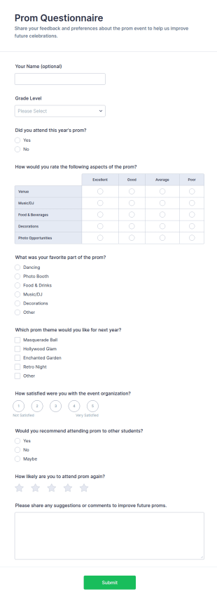 Prom Questionnaire Form Template