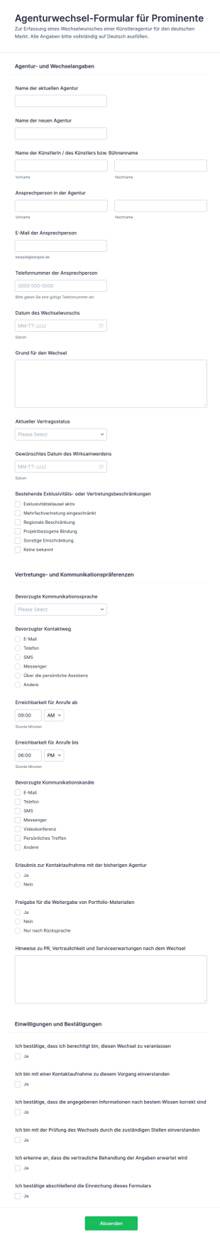 Prominent Künstler Agentur Übertragungsformular