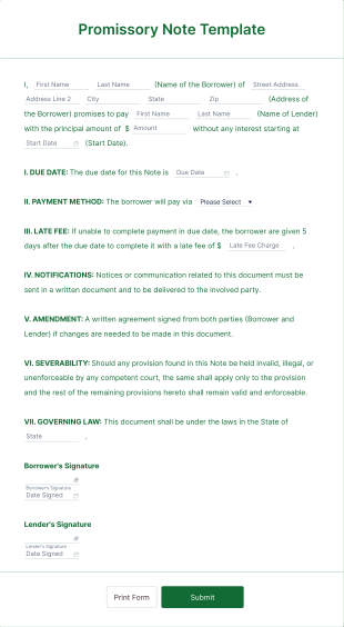 Promissory Note Template Form Template