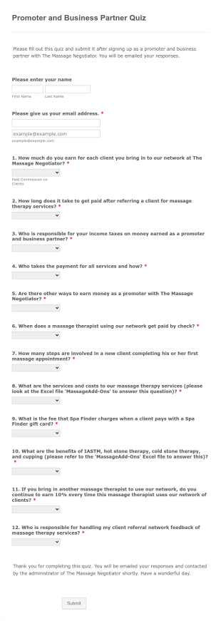 Promoter And Business Partner Quiz Form Template