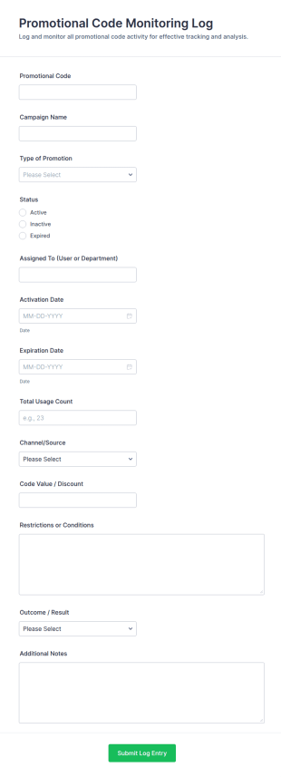 Promotional Code Monitoring Log Form Template