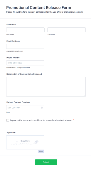 Promotional Content Release Form Template