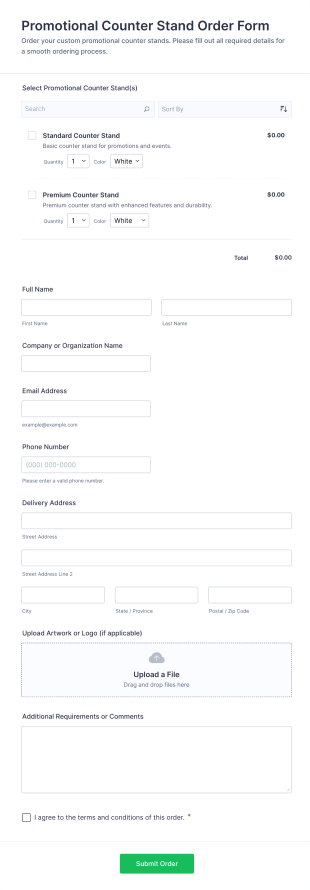Promotional Counter Stand Order Form Template