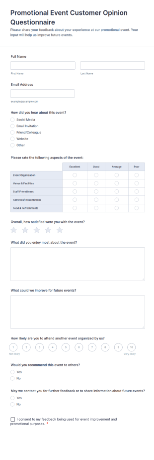 Promotional Event Customer Opinion Questionnaire Form Template