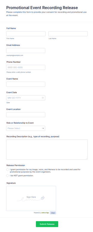 Promotional Event Recording Release Form Template