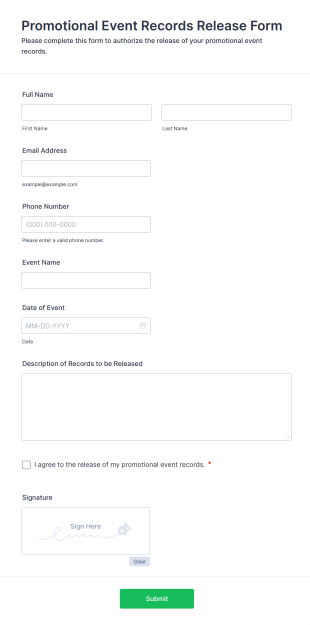 Promotional Event Records Release Form Template