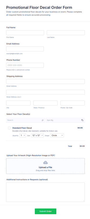 Promotional Floor Decal Order Form Template