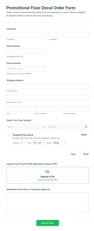 Promotional Floor Decal Order Form Template