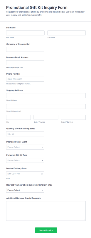 Promotional Gift Kit Inquiry Form Template