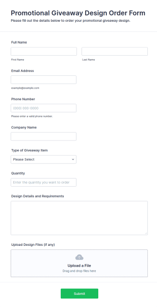 Promotional Giveaway Design Order Form Template