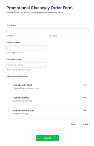 Promotional Giveaway Order Form Template