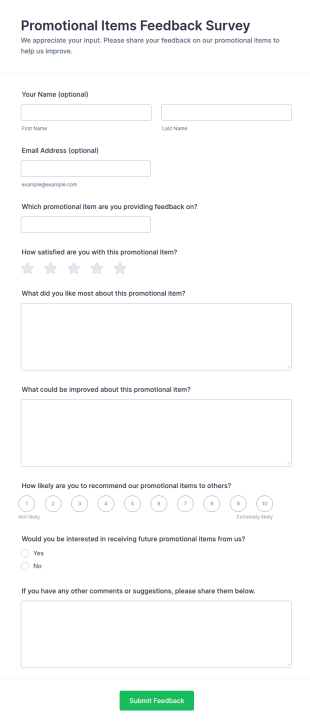 Promotional Items Feedback Form Template