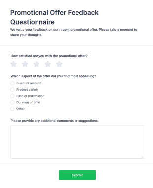Promotional Offer Feedback Questionnaire Form Template