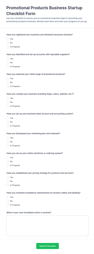 Promotional Products Business Startup Checklist Form Template