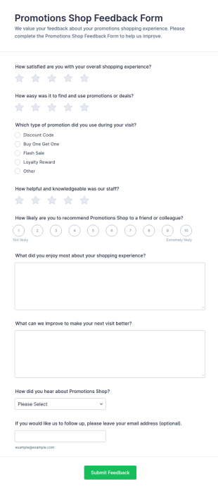 Promotions Shop Feedback Form Template