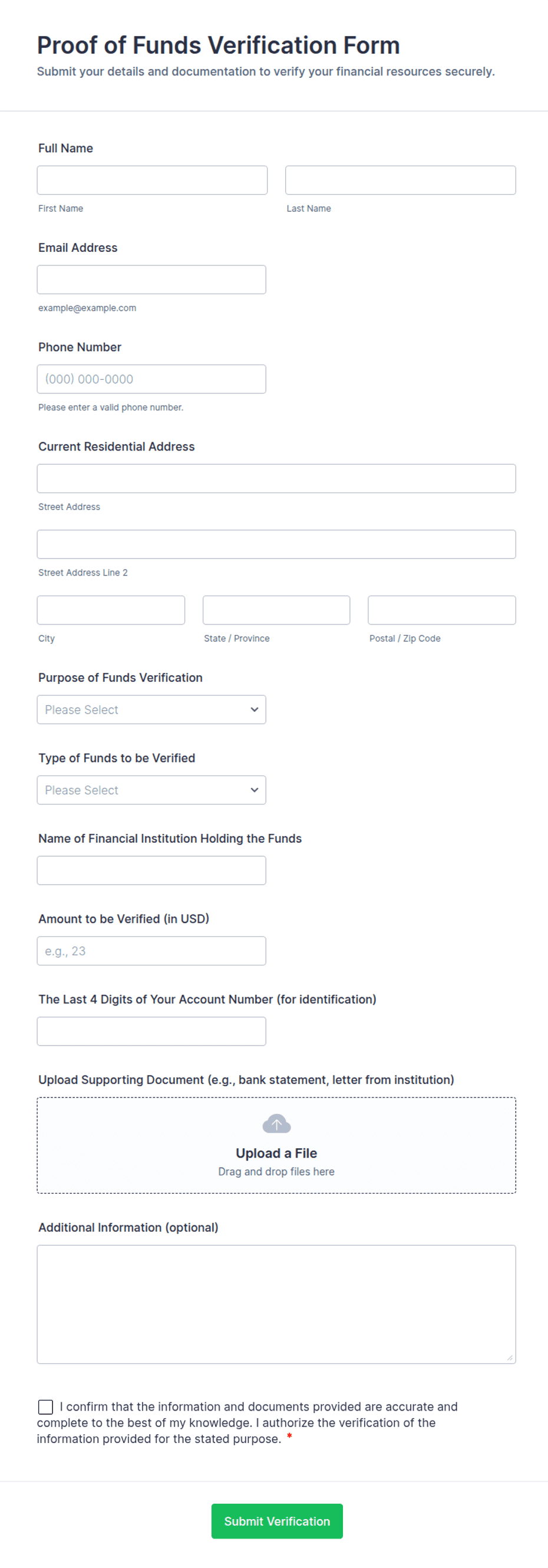 Proof of Funds Verification Form Template | Jotform