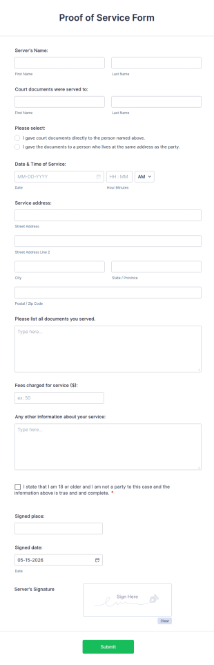 Proof Of Service Form Template